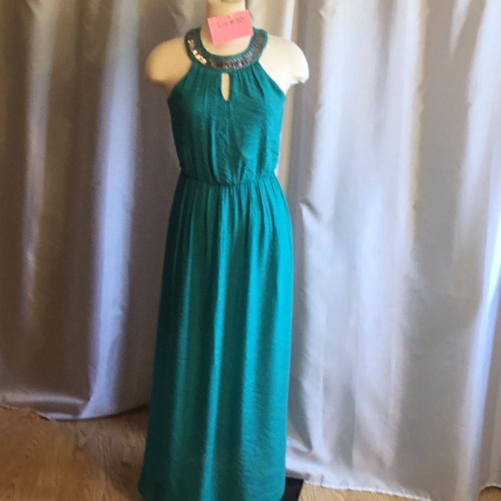 Jeweled neck sleeveless maxi dress in greenish teal color size small